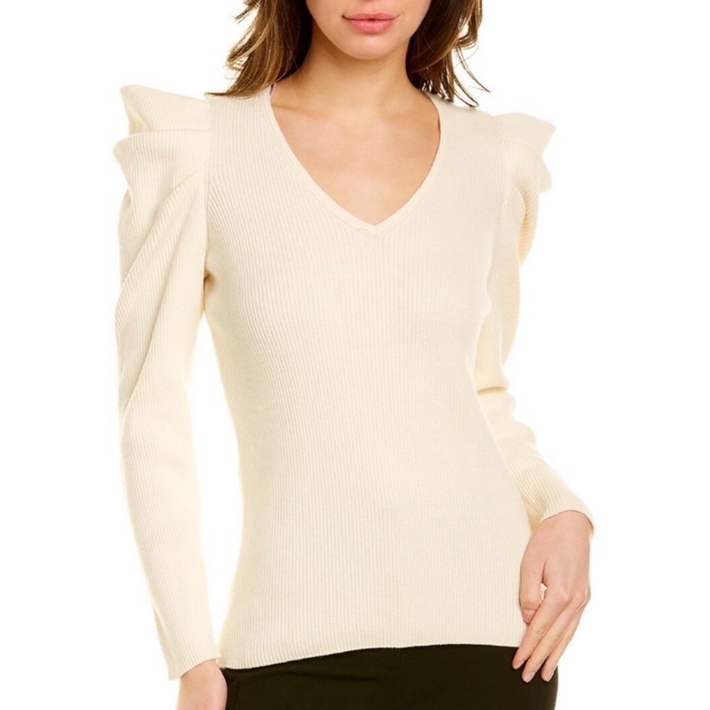 Ann Klein XL V-Neck Ribbed Knit Pleated Puff Sleeve Sweater, Long Slv, NWT